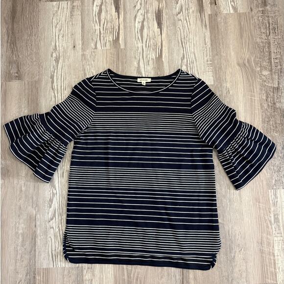 Max Studio Women’s Small Navy White Striped Ruffle Bell Sleeve Top - Picture 3 of 12